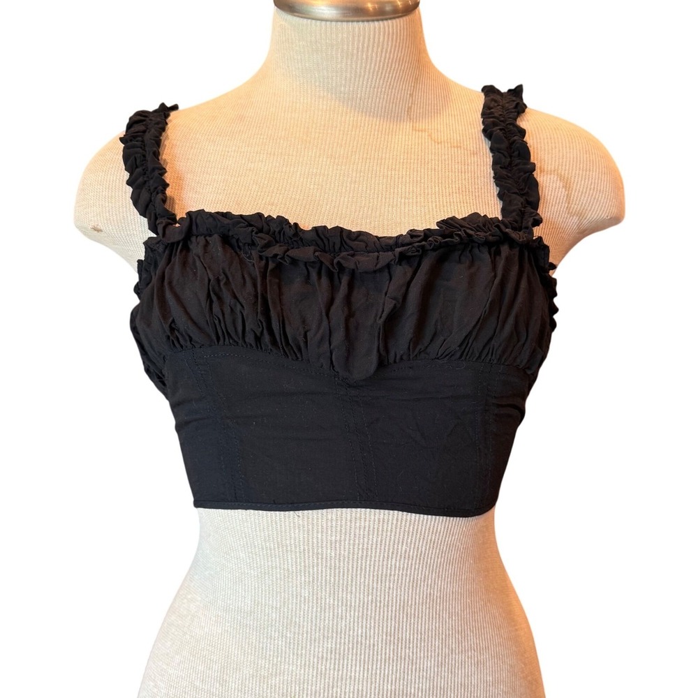 Free People Intimately Black Crop Top Ruffle Trim Smocked Back Sleeveless‎ Small
